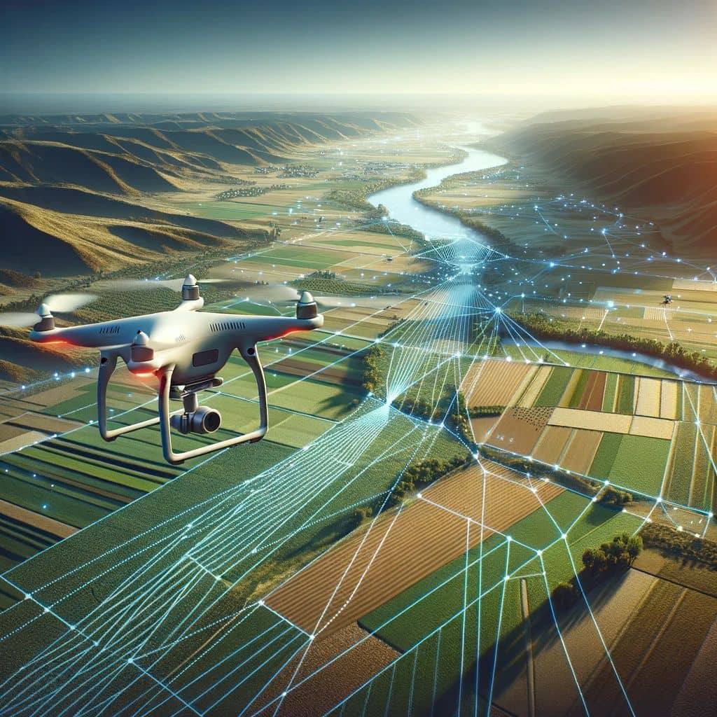 Dron sobrevolant camps de conreu durant un vol de fotogrametria