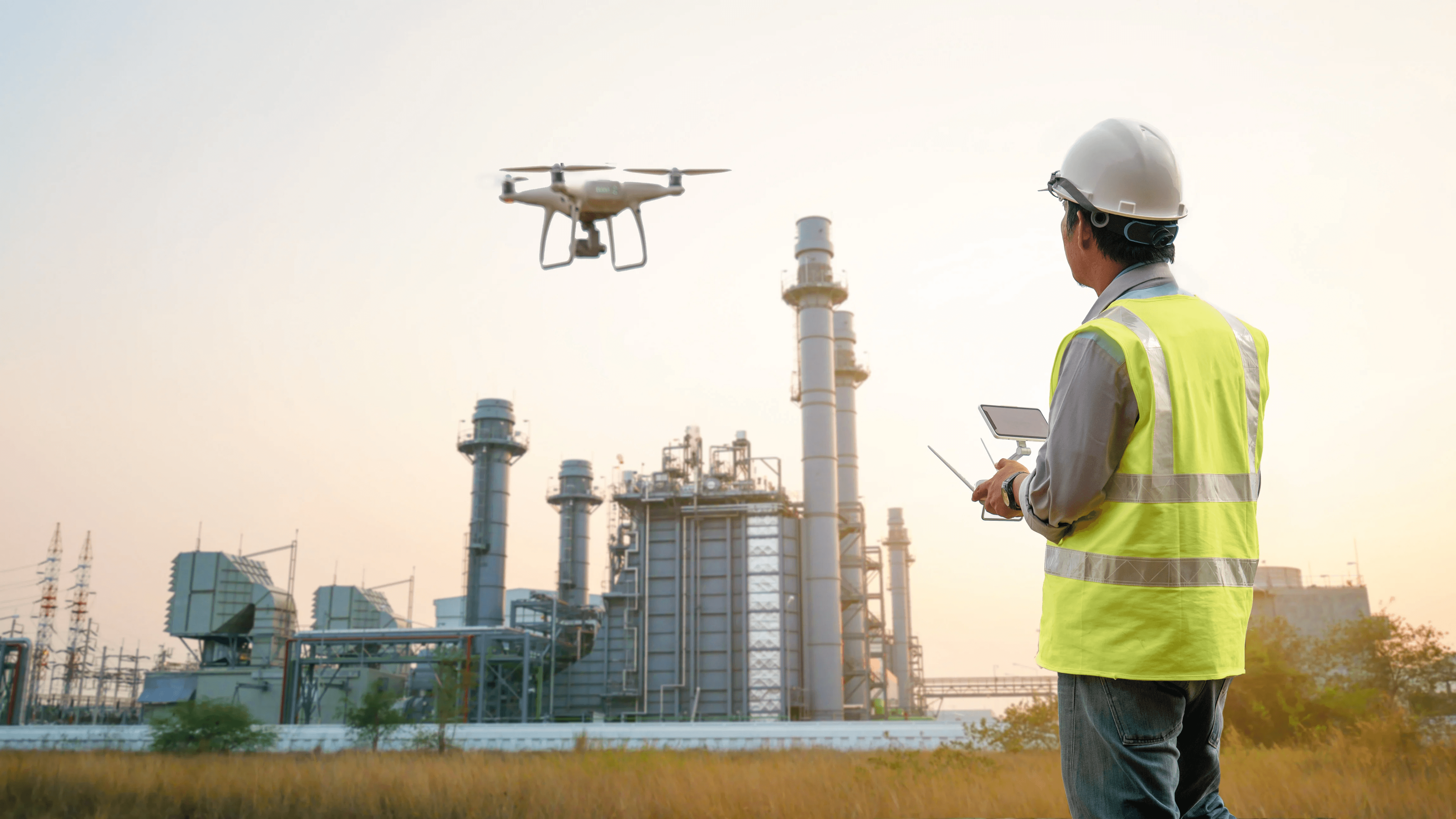 Operador pilotant un dron per inspeccionar una central industrial