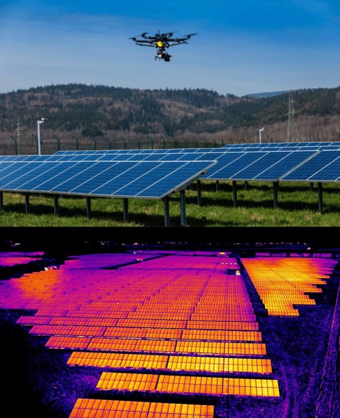 Dron inspeccionant plaques solars al costat de la imatge termogràfica de la planta