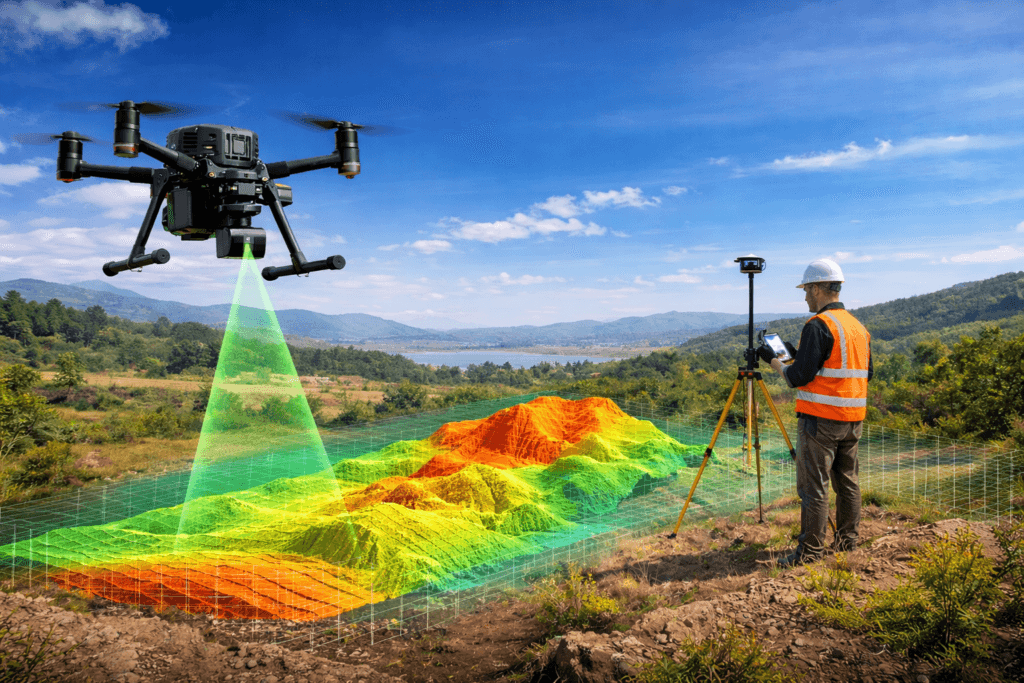 Dron fent un escaneig LiDAR del terreny amb un topògraf al costat